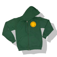 a green hoodie with a yellow smiley face on it